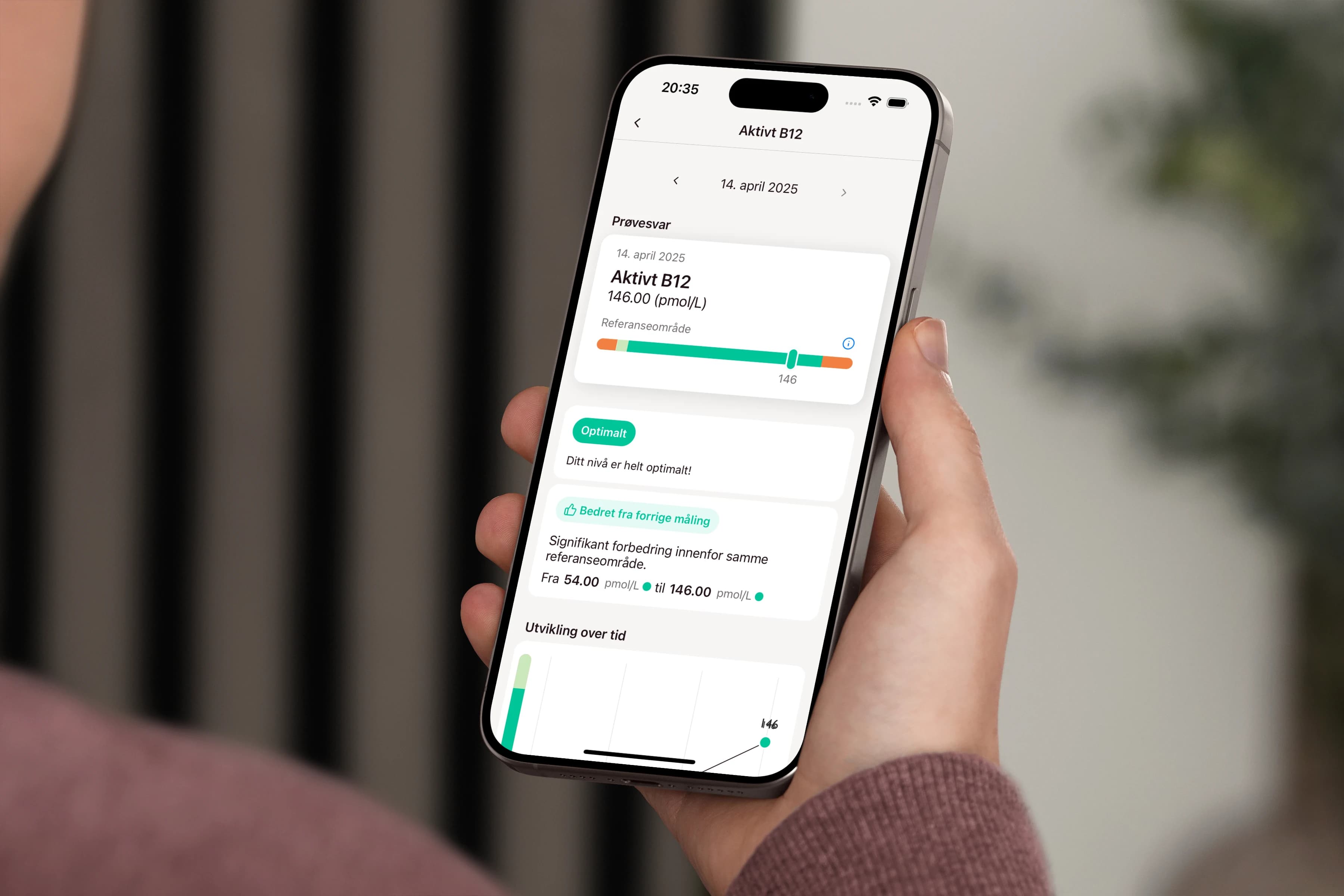Amino-appen viser biomarkørresultater og utvikling over tid